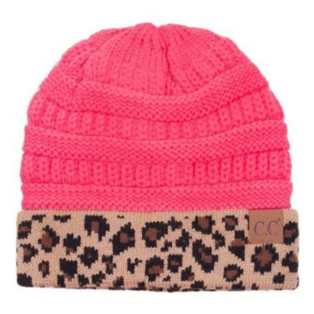 Pink With Leopard Print CC Ponytail Beanie